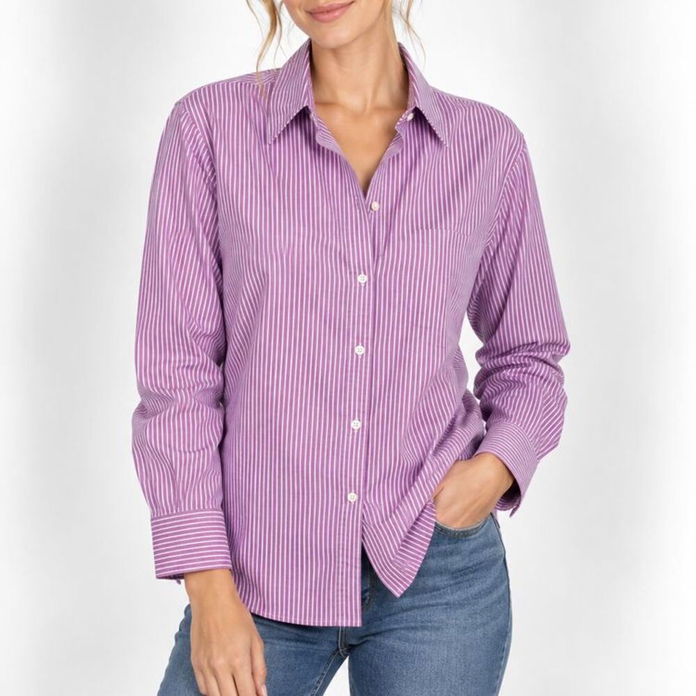 Lauren Ralph Lauren Purple White Striped Cotton Button Down Shirt Size L